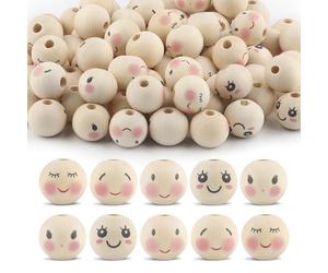 Ktxaby Lot de 100 perles rondes en bois naturel de 20 mm avec visages, 5 styles de trou de 4 mm, perles rondes en bois naturel faites à la main pour colliers, bracelets, cordages, loisirs créatifs