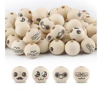 Ktxaby Lot de 40 perles rondes en bois naturel de 20 mm avec visages, 4 styles, trou de 4 mm, perles rondes en bois naturel faites à la main pour colliers, bracelets, cordages, loisirs créatifs (01)