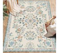 KTYUTJDH Tapis,Motif Floral Beige, Bleu Sarcelle, Vert, Design Contemporain, Multicolore, rectangulaire, 100 x 200 cm Tapis Salon Chambre Lavable Cuisine Bureau Coureur, Protection du Sol,