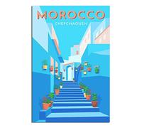 KTYWZ Plaque murale rétro vintage en étain, Chefchaouen, Maroc, bâtiment bleu, décoration murale en métal, plaque décorative en étain, affiche pour la maison et la cuisine, 30 x 40 cm