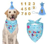 KU Lot de 3 bandanas d'anniversaire pour chien, garçon, fille, chapeau de fête d'anniversaire avec chiffres pour animaux de compagnie de petite, moyenne et grande taille (bleu)
