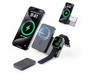 KU XIU K2 Batterie Externe Magnétique 3 en 1 5000mAh, Chargeur à Induction Qi2 15W avec Support Pliable, Station de Charge Apple pour iPhone, Apple Watch et Écouteurs - Idéale pour Les Voyages - Gris