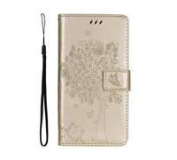 kuaijiexiaopu Étuis Embossing Cat Tree Protective Case, Flip Card Wallet Stand Cover Compatible with iPhone 16 Pro Max 6.9 inch(Golden)