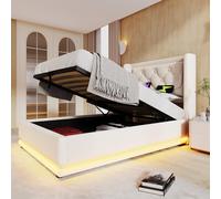 KUAKE Lit rembourré, 90 x 200 cm, lit simple, avec fonction LED et sommier à lattes, tête de lit avec fonction de charge USB de type C, matériau en coton, lit à espace de rangement hydraulique, beige,
