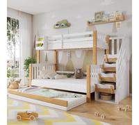 KUAKE Lit superposé, 90 x 200 et 120 x 200 cm, pour enfant, avec lit roulant, design spécial de revêtement de porte, escalier d'angle, pin + MDF, blanc + naturel