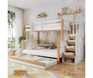 KUAKE Lit superposé, 90 x 200 et 120 x 200 cm, pour enfant, avec lit roulant, design spécial de revêtement de porte, escalier d'angle, pin + MDF, blanc + naturel