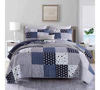 KUANDARM 230 × 250cm 3 PièCes Ensemble Couvre-Lit Patchwork Bleu Jet RéVersible Couette MatelasséE avec 2 Taies d'oreiller Literie en Coton, 230X250cm