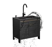 KUANGGE Évier de Restauration en Acier Inoxydable, évier autoportant Noir avec égouttoir et Robinet d'eau Froide et Chaude et étagères de Rangement pour buanderie, Garage, intérieur et extérieur. (T