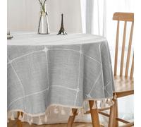 KUAOOAUK Nappe Ronde, Nappe de Table à Pampilles Lavable sans Plis pour Cuisine, dîner, fête, Camping, Vacances, Maison de Ferme Rustique en Plein air (Grille Grise, Ronde, 140 x 140 cm)
