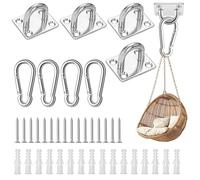 KUAOWT Crochet Plafond INOX, Lot de 4 M5 Fixation Pontet Plaque à Oeillet en Acier Inoxydable 304 avec Mousqueton, Vis et Chevilles en Plastique pour Suspendre des Hamac, Balançoire, Voiles d'ombrage