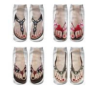 Kuashidai Lot de 4 paires de chaussettes 3D avec imprimé tongs - Décontractées et respirantes - Coupe basse - Chaussettes invisibles - Pour bateau - Chaussons fantaisie - Chaussettes de course à pied