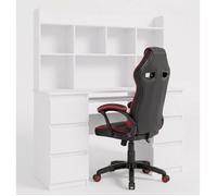 KUBA - Bureau avec rallonge, 6 tiroirs , blanc + DRIFT- Fauteuil , rouge - 130x146x67 cm - ENSEMBLE