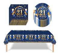 KUBDPQOR Vaisselle Jetable pour Anniversaire 21 Ans, 37 Pièce Bleu Marine Decoration pour Homme et Femme, 7'' Assiette Jetable Bleu, Serviette Papier & Nappes, pour 16 Invités