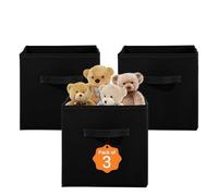 Kuber Industries Lot de 3 boîtes de rangement carrées pliantes en non tissé pour armoire | Multifonctions pour jouets d'enfants, robes de bébé | Poignée attachée | Uni - Noir