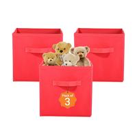 Kuber Industries Lot de 3 boîtes de rangement carrées pliantes en non tissé pour armoire | Multifonctions pour jouets d'enfants, robes de bébé | Poignée attachée | Uni - Rouge