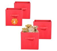 Kuber Industries Lot de 4 boîtes de rangement carrées pliantes non tissées pour garde-robe | Multifonctions pour jouets d'enfants, robes de bébé | Poignée attachée | Uni - Rouge