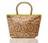 Kuber Industries Sac à main | Sac à main en PVC laminé avec bordure jaune florale brodée | Sac à bandoulière indien traditionnel fait à la main avec poignée dorée (jaune), Jaune, 36 x 23 x 10 cm