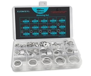 KUBOWAI 490 Pcs Joints de Vidange en Aluminium Kit, Jeu de Joints Plats, Bouchon de Vidange D'huile avec Boîte D'assortiment, M5, M6, M8, M10, M12, M14, M16, M18, M20, M22, M24 (15 Tailles)