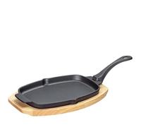 Kuchenprofi BBQ 0305151026 Poêle de service en fonte sur planche en bois ovale avec poignée amovible et bec verseur 30 x 19 x 2,5 cm Poêle à griller en fonte pour légumes, poissons et viandes pour