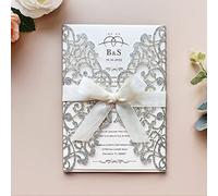 KUCHYNEE 20x cartes d'invitation de mariage découpées au laser avec bowknot et enveloppes pour fête de mariage fiançailles obtention de diplôme (paillettes argentées)
