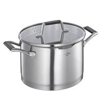 Küchenprofi Cook Bologna Faitout en acier inoxydable avec couvercle en verre de sécurité, convient à l'induction, bec verseur, casserole avec passoire fine et grossière, fond multicouche, Ø 20 cm