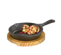 Küchenprofi Poêle de service ronde en fonte avec dessous de verre en bois pour four et tous types de plaques de cuisson - Rangement de la chaleur - Mini plat à four - Petite poêle à griller en fonte - Pour la cuisson et le service