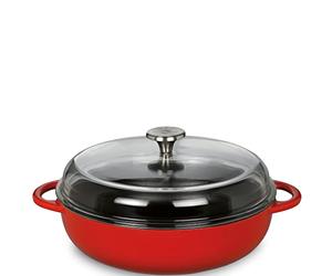 Küchenprofi Provence Poêle ronde en fonte émaillée Rouge/intérieur noir 24 cm avec couvercle en verre haut Compatible tous feux dont induction