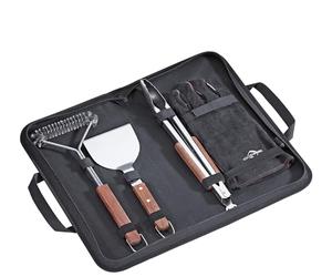 Küchenprofi Texas Ensemble de 4 ustensiles de Barbecue en Acier Inoxydable avec Gant, Pince à Barbecue avec décapsuleur, spatule à Hamburger, Brosse à Barbecue, avec poignées en Bois, dans Un Sac en