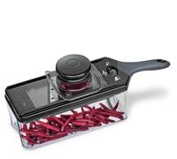 Küchenprofi VARIO Mandoline à Légumes Noire Spécial Acier Couteau/Plastique, Rabot Universel, 4 Lames, Épaisseur de Coupe Réglable, Porte-Restes et Bac Récupérateur, pour Fruits et Légumes