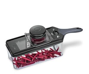 Küchenprofi VARIO Mandoline à Légumes Noire Spécial Acier Couteau/Plastique, Rabot Universel, 4 Lames, Épaisseur de Coupe Réglable, Porte-Restes et Bac Récupérateur, pour Fruits et Légumes