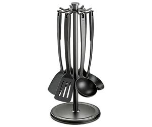 Küchenutensilien Aufbewahrung - Spatel Ständer | Drehbare 360 Grad Halterung mit 8 Haken für Rührstäbe, Löffel, Zuhause, Restaurant, Bauernhaus, 1er-Pack, Schwarz,