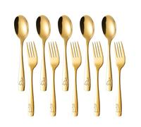 Küchenutensilien Set - Küchenhelfer Set | Kinder Utensilien | Küchen essen Utensilien | Easy Grip Dinosaurier graviertes Geschirr, Edelstahl 5 -Gabeln und 5 Löffel für das Mittagessen in der Schule