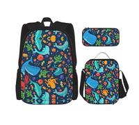 KUEhhhr Old Board Ensemble sac à dos pratique 3 pièces - Grand sac d'école avec boîte à déjeuner et trousse à crayons pour étudiants, sac à dos et boîte à déjeuner, Baleine Océan Poisson Pieuvre, One