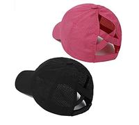 Kueohse 2 PièCes SéRies Femmes S'EnchevêTre Queue de Cheval Casquette de Base-Ball Haut DéSordonné Chignon Ponycap SéChage ExtéRieur Voyage Chapeau, Rose + Noir
