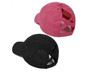 Kueohse 2 PièCes SéRies Femmes S'EnchevêTre Queue de Cheval Casquette de Base-Ball Haut DéSordonné Chignon Ponycap SéChage ExtéRieur Voyage Chapeau, Rose + Noir