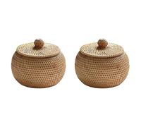 Kueohse 2X Boîte Ronde en Rotin avec Couvercle, Boîte de Rangement Tissée à la Main, Panier de Rangement Multifonctionnel pour Plateau de Bureau, Décoration pour