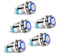 Kueohse 5 PièCes SéRies 12Mm Interrupteur à Bouton Poussoir à Verrouillage Haut Capuchon Rond, Interrupteur à Bouton Poussoir en MéTal éTanche avec LumièRe Bleue 12 V / 24 V