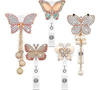 Kueohse 5 PièCes SéRies Bobine de Porte-Badge RéTractable, Porte-Badges D'Identification en Strass Bling Faits à la Main avec Clip, pour InfirmièRes BéNéVoles