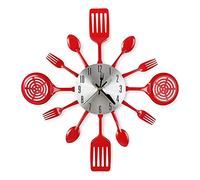 Kueohse Grande Horloge Murale de Cuisine de 16 Pouces avec CuillèRes et Fourchettes, Vaisselle 3D Horloge Murale DéCoration de (Rouge)