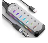 Kueohse Hub USB 3.0 Haute Vitesse, Répartiteur USB 7 en 1, Interrupteurs d'alimentation Individuels, Éclairage RGB, en Aluminium, pour PC Portable et PC