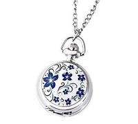 Kueohse Modèles De Couple Mode Classique Quartz Rétro Argent Fleur Bleue Montre De Poche