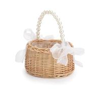 Kueohse Panier à Fleurs en Osier de Style Pastoral avec Poignée en Perles, Accessoires Élégants de Décoration de Mariage et de Maison, Panier de Demoiselle d'honneur
