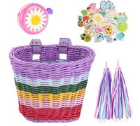 Kueohse Panier de Vélo Tissé à la Main avec Autocollants à Pompon et Clochette, Panier de Transport Réglable pour Guidon de Vélo, Accessoires de Cyclisme pour Produits pour B