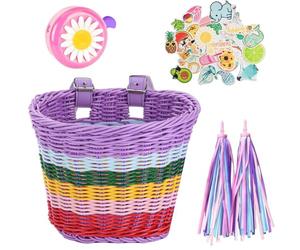 Kueohse Panier de Vélo Tissé à la Main avec Autocollants à Pompon et Clochette, Panier de Transport Réglable pour Guidon de Vélo, Accessoires de Cyclisme pour Produits pour B