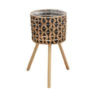 Kueohse Support de Fleurs Tissé à la Main en Bois et Rotin sur Pied pour Balcon, Pot de Fleurs, Salon, Panier de Plantes 20 cm