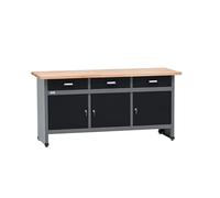 Küpper Banc de travail 12159, 170 x 84 x 60 cm, 3 tiroirs, 3 portes, charge 300 kg, plan de travail en hêtre massif de 30 mm (noir, 170 x 84 x 60)