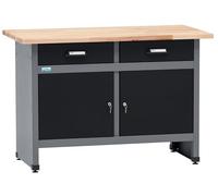 Küpper Établi 12059 - 120 x 84 x 60 cm - 2 tiroirs, 2 portes - Charge maximale : 300 kg - Plan de travail en hêtre massif de 30 mm - Noir