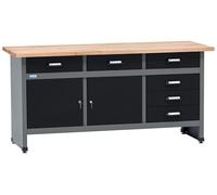 Küpper Établi 12179 - 170 x 84 x 60 cm - 6 tiroirs, 2 portes - Charge maximale : 300 kg - Plan de travail en hêtre massif de 30 mm - Noir - 170 x 84 x 60 cm