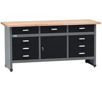 Küpper Établi modèle 12879 - 170 x 60 x 84 cm - 9 tiroirs, 1 porte - Charge maximale : 300 kg - Plan de travail en hêtre massif de 30 mm - Noir