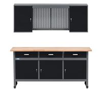 Küpper Set d'atelier 70421-9, établi avec plateau en hêtre massif 170 cm, armoire suspendue, mur perforé avec 12 crochets métalliques standard (Noir)